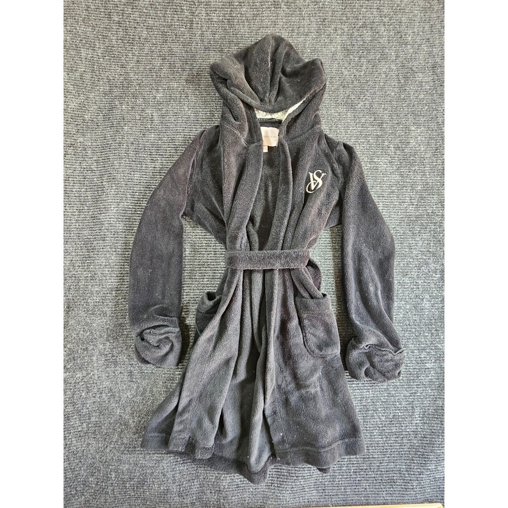 Victoria's Secret Plush Hooded Robe Womens Small Black Logo Tie Waist Sleepwear